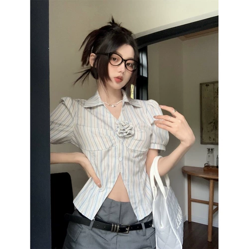 Трехмерная короткая летняя рубашка, высокая талия, V-образный вырез, короткий рукав