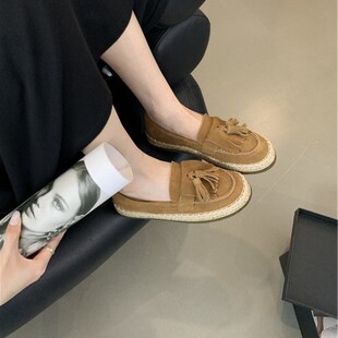 乐福鞋厚软底磨砂渔夫女鞋35-40码秋冬季流苏浅口圆头驼色休闲风