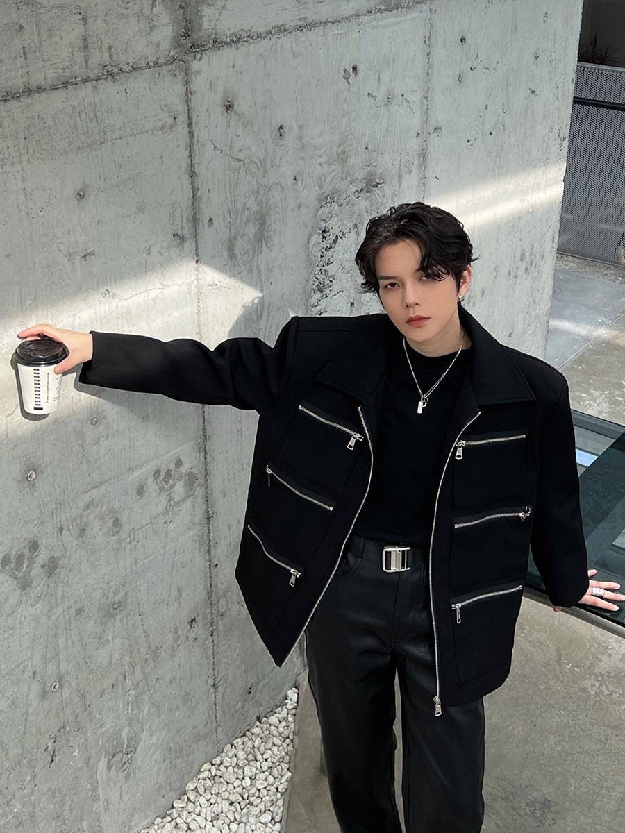 fei自制秋冬小众金属感多拉链设计休闲西装垫肩免烫宽松时尚外套