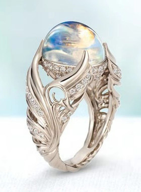 Wish新款 镂空白天鹅七彩仿月光石戒指女士 欧美跨境电商热卖爆款