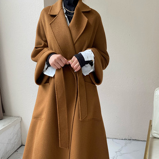 冬高端新款高端纯手工双面呢水波纹外套羊绒纯羊毛大衣女毛呢外套