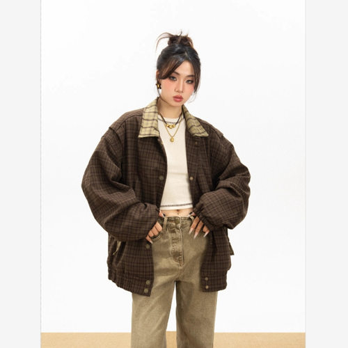 vintage美式复古翻领拼接格子外套女春秋设计感oversize夹克上衣