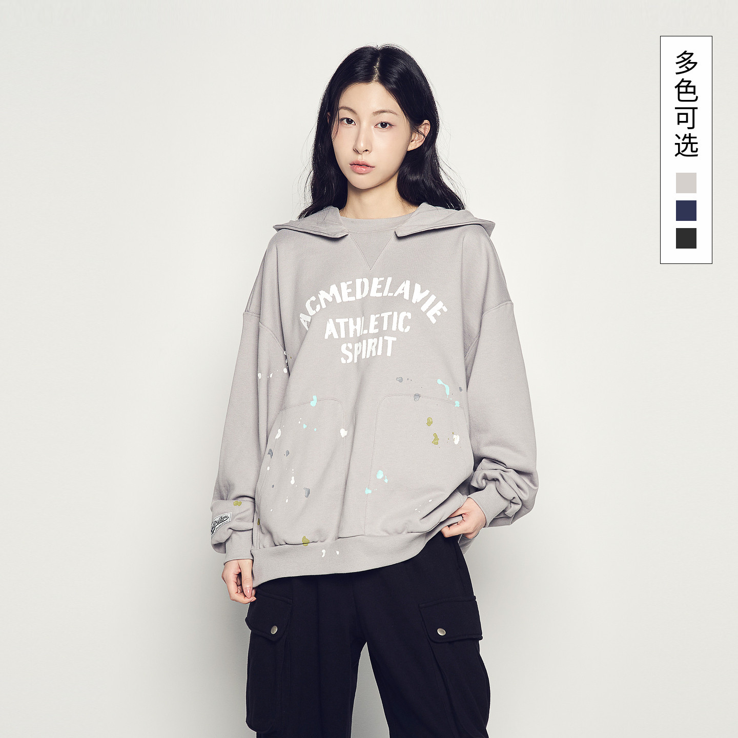 ADLV韩国潮牌2025秋季新款油漆效果V领连帽卫衣休闲帽衫男女同款