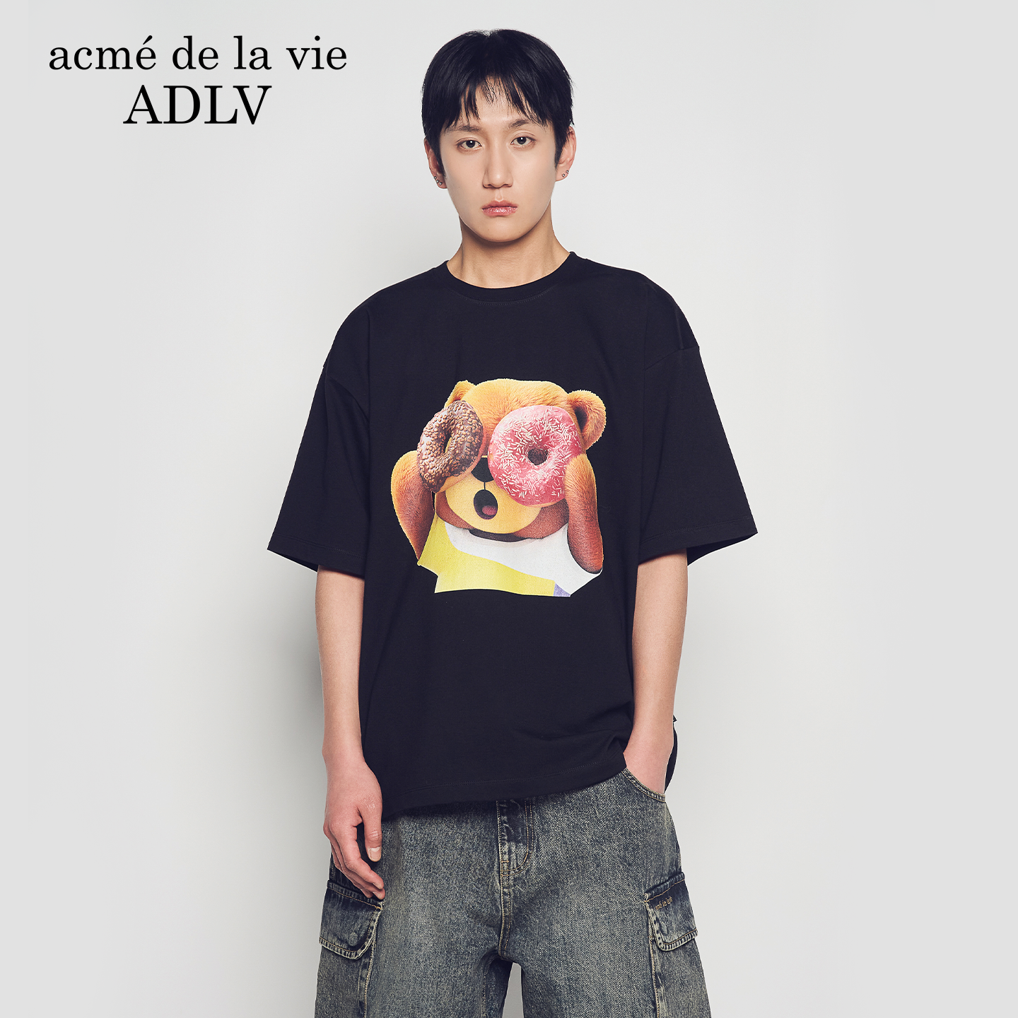 ADLV新款AC熊甜甜圈娃娃脸印花短袖男女通用圆领棉质T恤休闲上衣