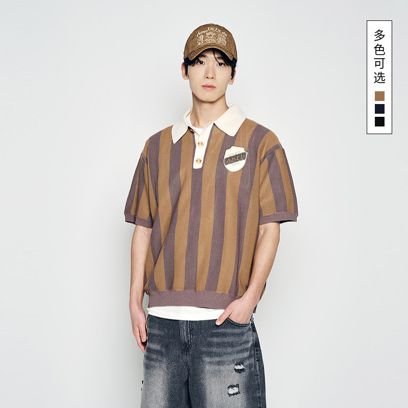 ADLV 2025春夏新款T恤竖条纹针织短袖宽松衬衫翻领T恤休闲POLO衫,女装/女士精品,POLO衫,淘宝优惠券,粉丝福利购,淘宝优惠卷