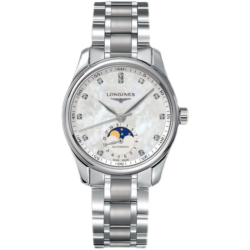 浪琴longines名匠系列月相手表 钢带镶钻机械女表l2.409.4.87.