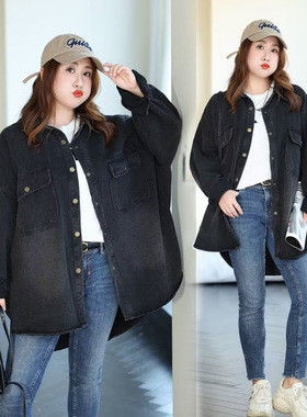 300斤大码胸围150胖妹妹加肥加大宽松秋冬季新品开衫牛仔外套6002