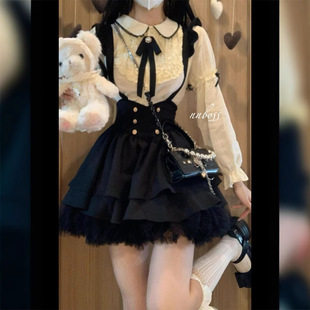 显瘦娃娃领衬衣两件套 设计感修身 蝴蝶结背带蓬蓬裙jk套装 女春秋季