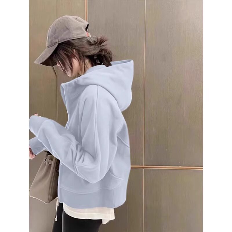 蓝色短卫衣外套女秋季2025新款连帽早秋chic上衣小个子初秋季穿搭