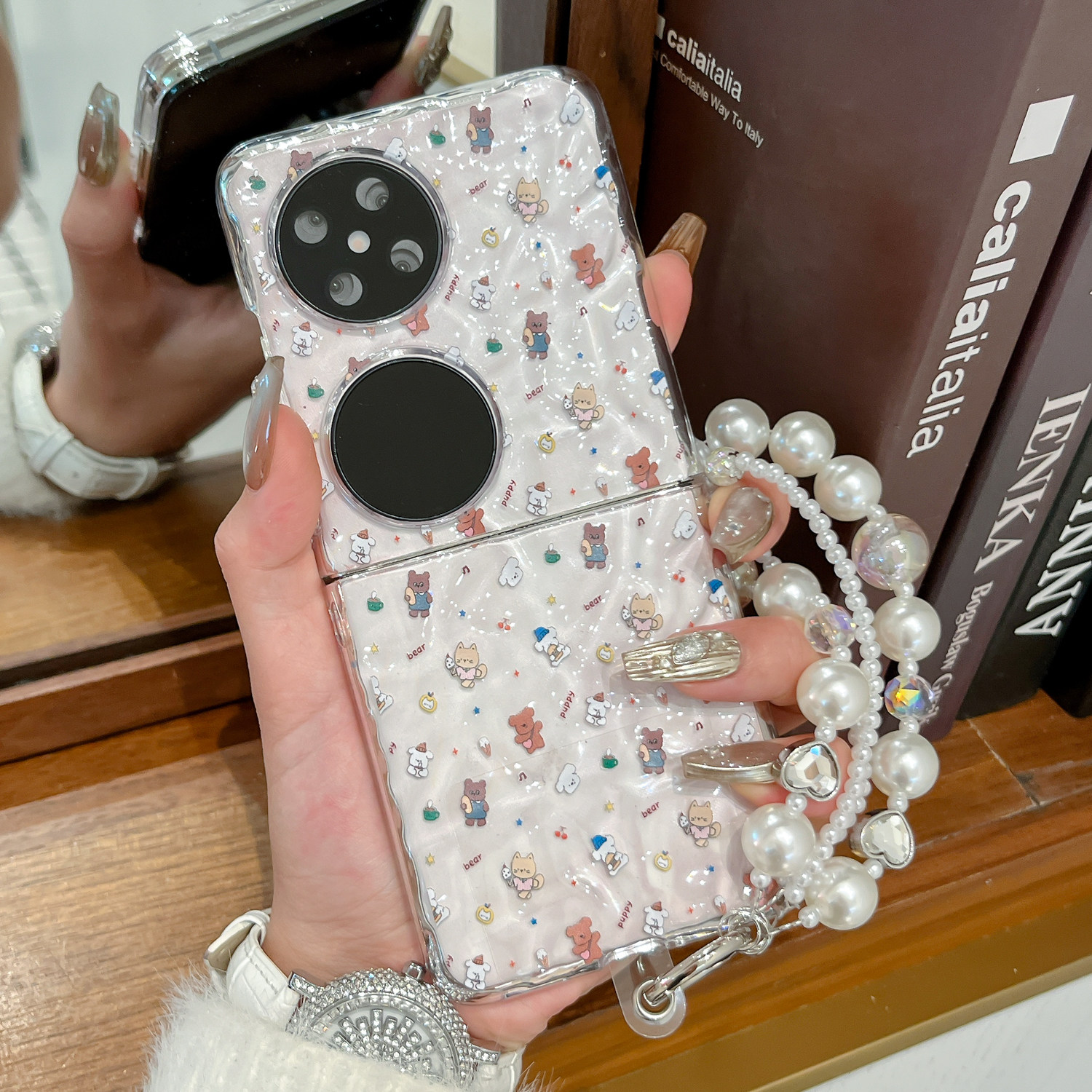 适用华为purax手机壳透明水波纹可爱小狗pocket2折叠屏p50pocket女款ins风珍珠手链novaflip手机壳防摔保护套