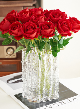 玫瑰仿真花干花花束高档绒布假花插花餐桌花摆设客厅卧室装饰摆件