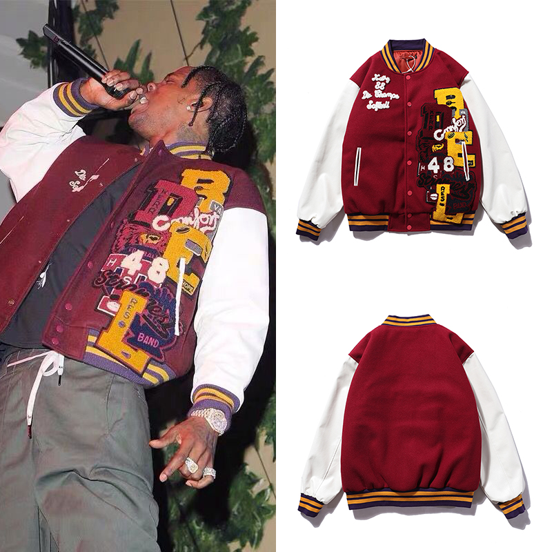 travis毛呢皮袖夹棉刺绣棒球服