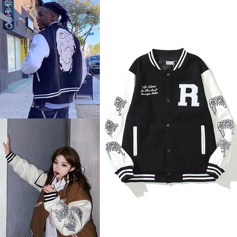 骷髅刺绣皮袖拼接夹克外套棒球服