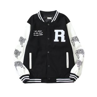 春季Revenge varsity jacket 骷髅刺绣皮袖拼接棒球服夹克外套男