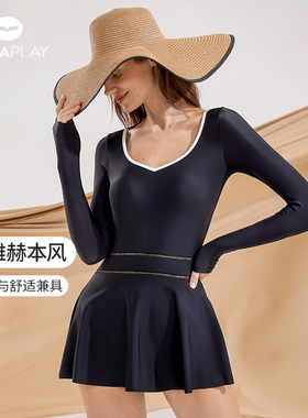 AquaPlay安泊来泳衣女海边度假黑色显瘦保守性感连体长袖游泳装