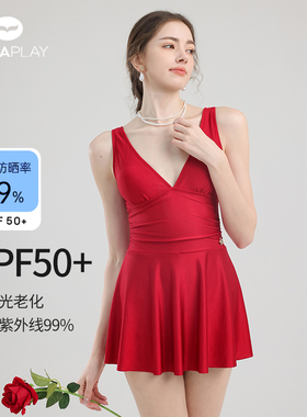 新年纯红色泳衣女款高级感泡温泉裙式绝美显白游泳装2025新款连体