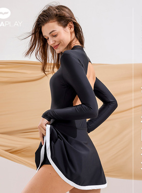 AquaPlay安泊来泳衣女连体露背长袖保守裙式海边度假黑色遮肚显瘦