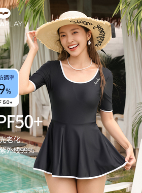 安泊来泳衣女泡温泉黑色短袖露背保守游泳衣海边度假法式显瘦泳装