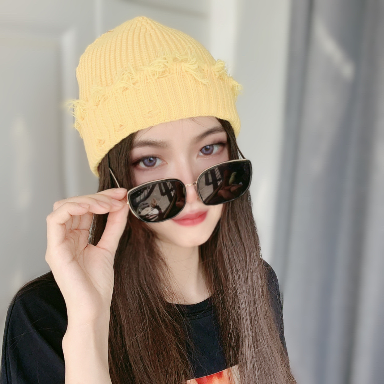 帽子女生腈纶线秋冬季韩版破洞针织帽雅痞瓜皮帽潮搭街头冷帽