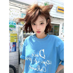 国潮牌手写字母蓝色短袖t恤女夏季宽松美式情侣oversize半袖上衣