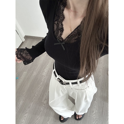 辣妹纯欲性感蕾丝长袖T恤女秋冬