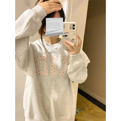 美式复古碎花贴布刺绣无帽卫衣女