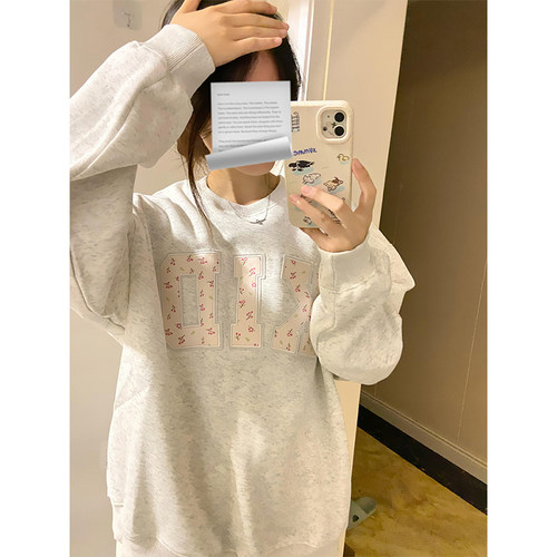 美式复古碎花贴布刺绣无帽卫衣女