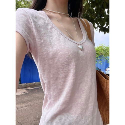 藕粉色基础v领正肩短袖t恤女夏季