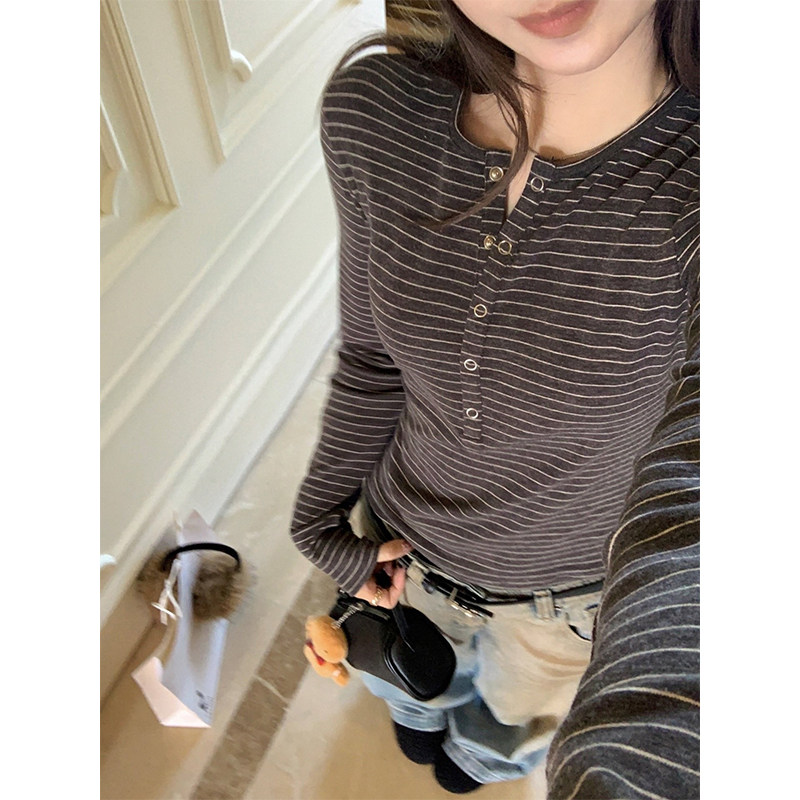 半开领条纹修身长袖T恤女2026春季新款韩系显瘦设计感打底衫上衣