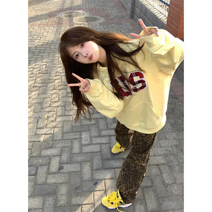 国潮牌奶黄色加绒加厚连帽卫衣女秋冬宽松百搭oversize小个子外套