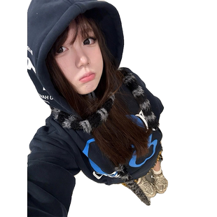美式复古创意印花连帽卫衣女秋冬加绒加厚慵懒风oversize情侣外套