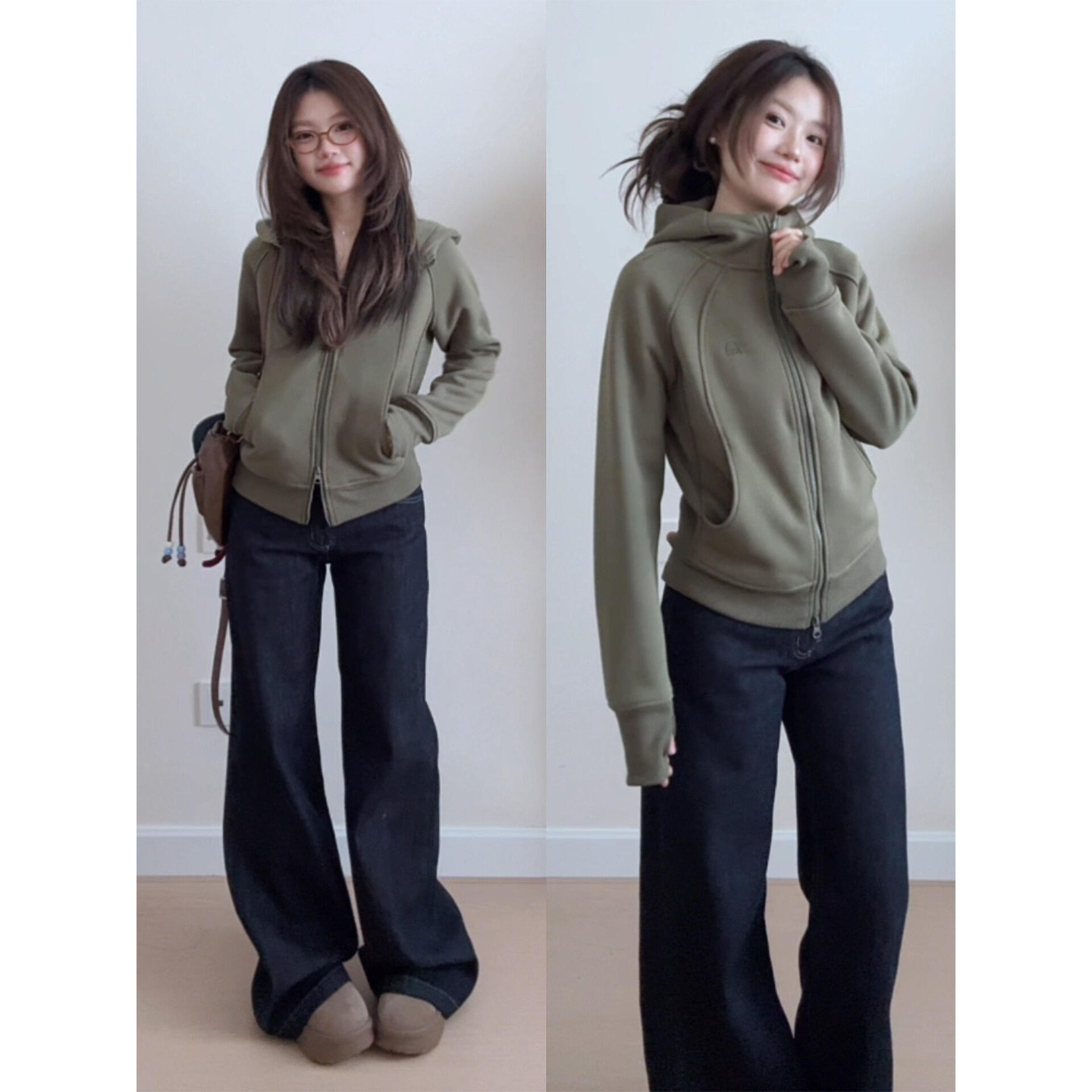 分割拼接豆绿色修身拉链卫衣女秋季新款基础百搭运动休闲开衫外套