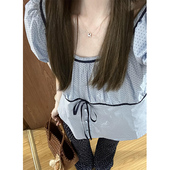 甜美泡泡袖 高级感奶系温柔娃娃衫 蓝色短袖 女夏季 波点上衣 衬衫 法式