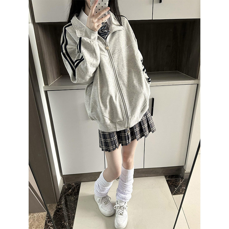 美式复古双杠分割立领拉链卫衣女2025春秋季新款宽松运动开衫外套