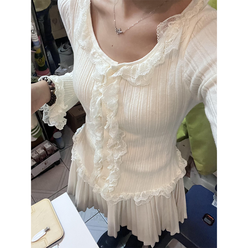 蕾丝花边拼接针织毛衣女秋冬新款