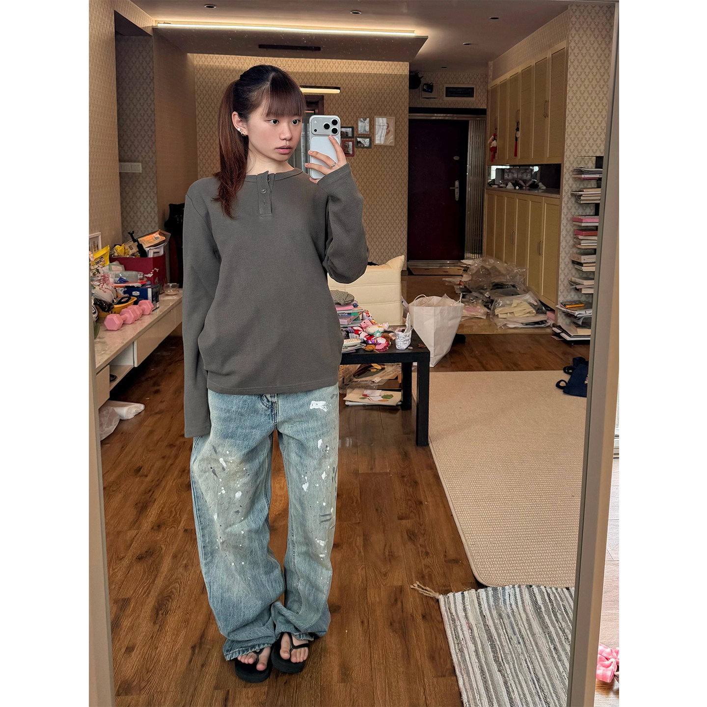 麦穗扣华夫格正肩亨利领长袖t恤女秋季肌理感基础内搭打底衫上衣
