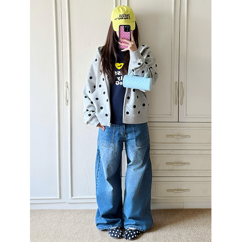 美式慵懒chic波点连帽开衫卫衣女