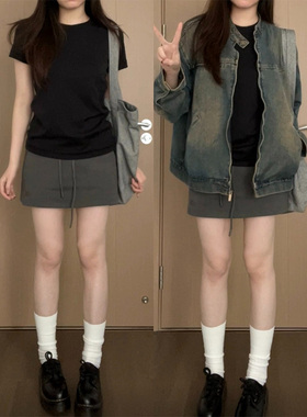 黑色正肩纯棉t恤女打底衫春夏2025内搭修身显瘦百搭纯欲短袖上衣