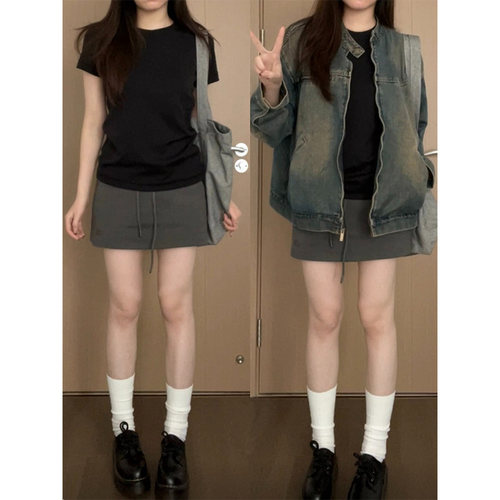 黑色圆领正肩纯棉t恤女打底春夏