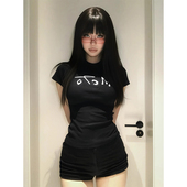 辣妹短袖 正肩t恤女夏季 字母印花修身 美式 显瘦设计感正肩短款 上衣