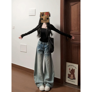 美式高街复古蓝牛仔裤女2025新款冬季加绒高腰显瘦宽松直筒阔腿裤