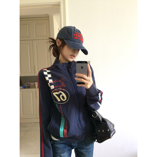 美式复古街头撞色杠条立领卫衣女春秋休闲宽松设计感小众拉链外套