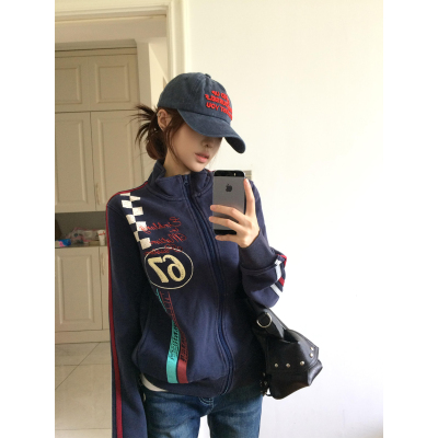美式复古街头撞色杠条立领卫衣女