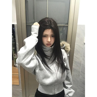 美式高街连帽毛领短款拉链卫衣女秋冬辣妹修身显瘦小个子开衫外套