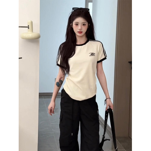 正肩撞色条纹插肩短袖t恤女夏季