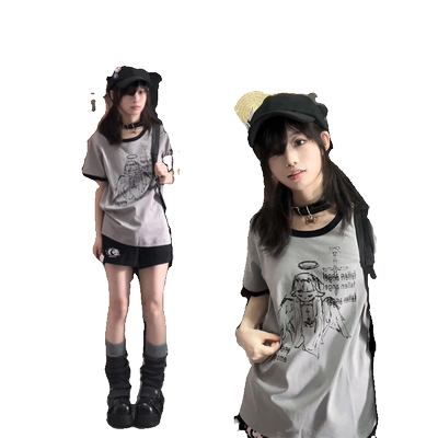 美式复古甜酷正肩短袖t恤女夏季