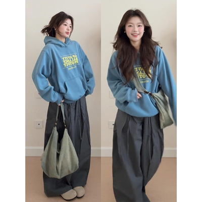 韩系湖水蓝字母刺绣连帽卫衣女秋