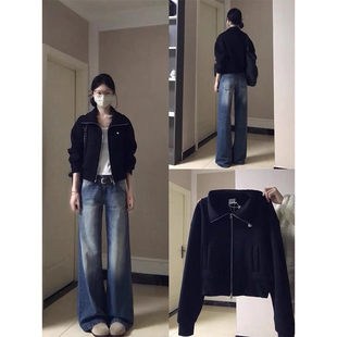 黑色空气层翻领卫衣外套女春秋设计感宽松百搭小个子短款拉链上衣