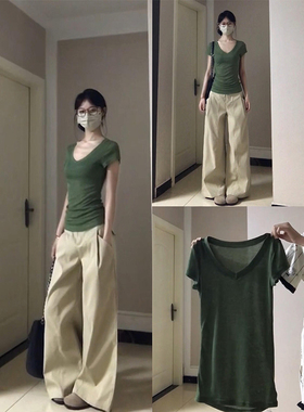 美式纯色绿色v领正肩短袖t恤女夏季小众独特纯欲辣妹修身简约上衣