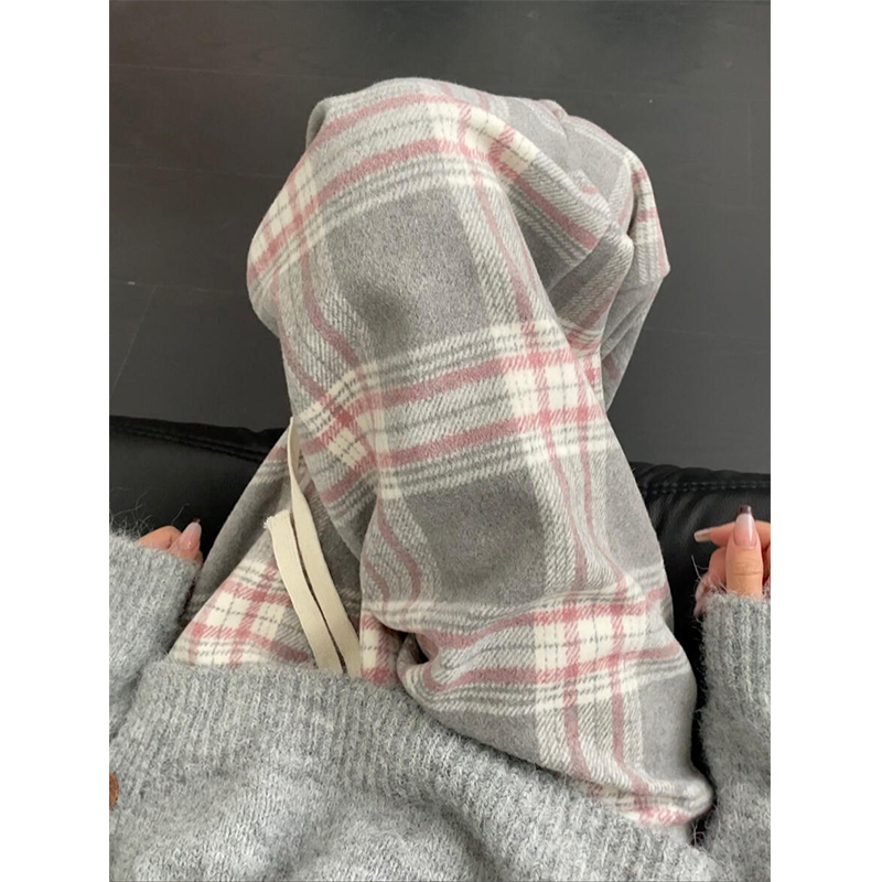 灰粉加绒格子裤子女秋冬2024新款